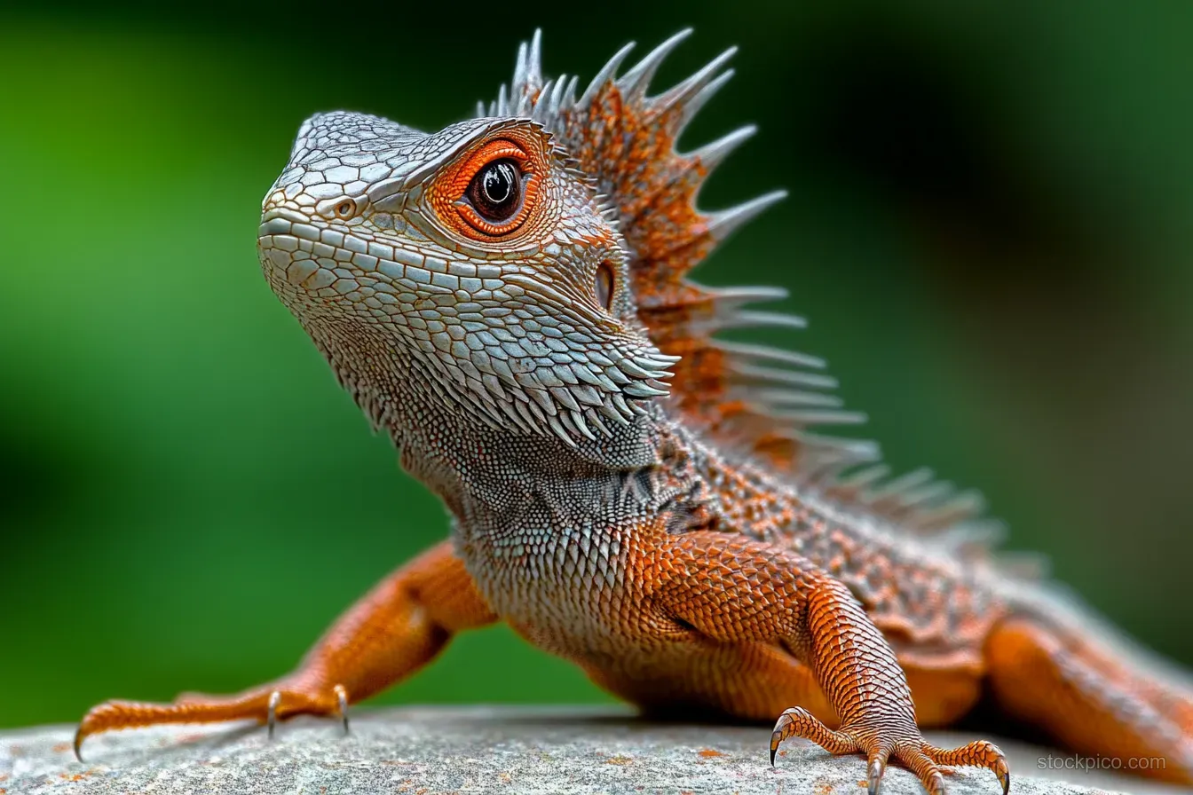 A colorful spiky lizard sits on a rock, its bright orange eye visible against a blurred green background.