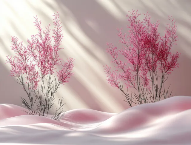 Pink flowering branches rise from draped soft fabric in a minimalist menstrual-themed illustration.