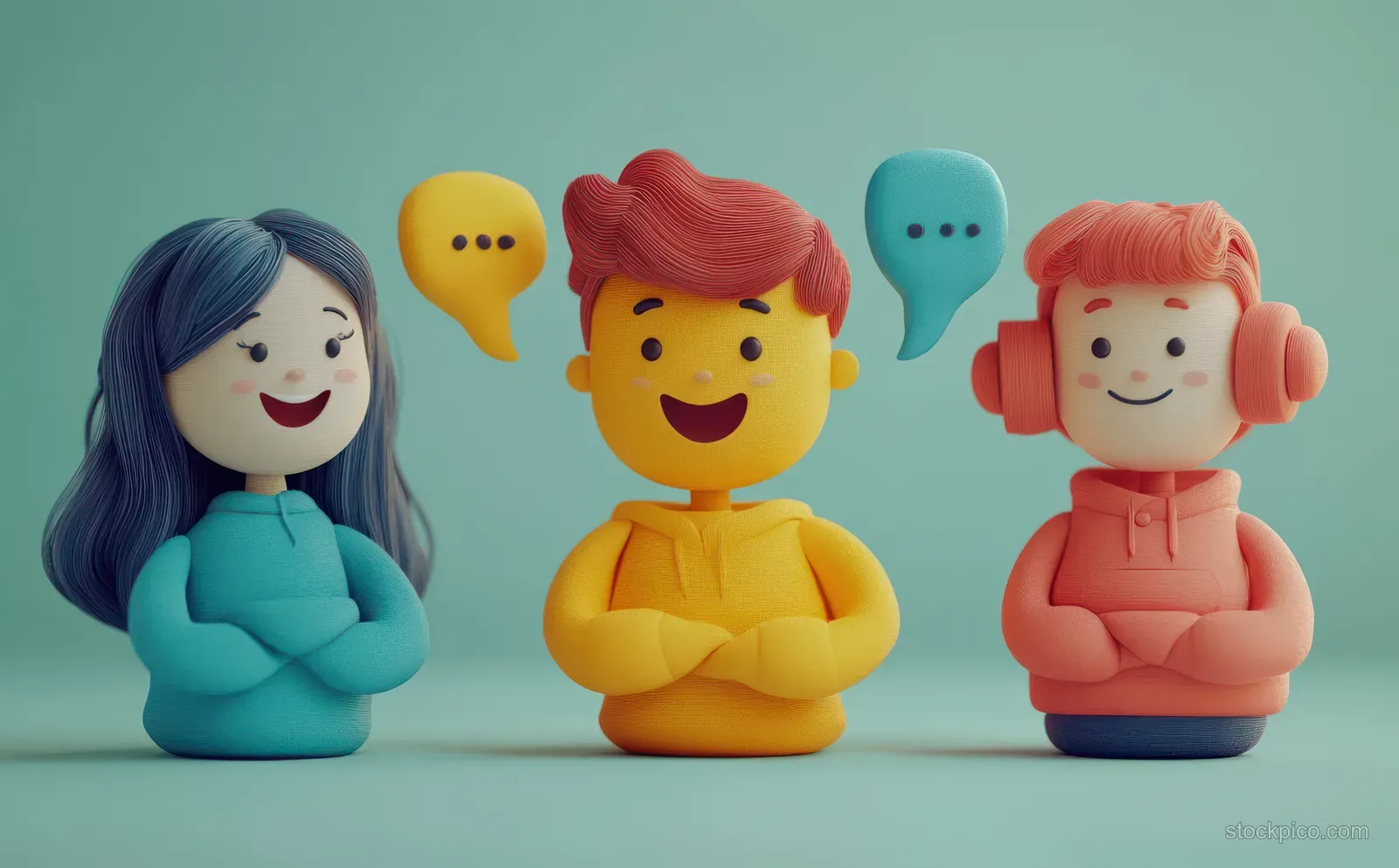 Cartoon coworkers seated together with speech bubbles indicating conversation and teamwork.