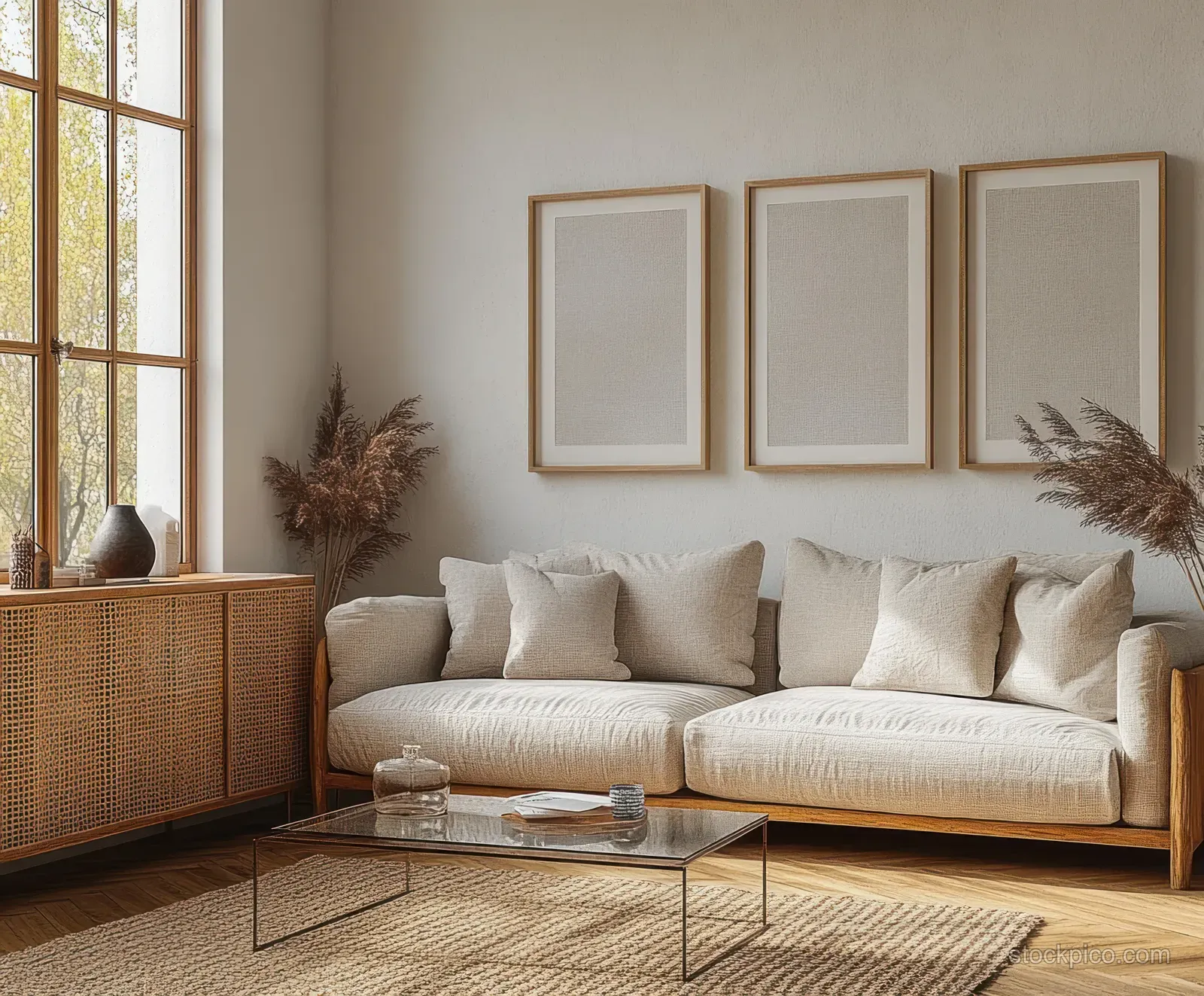Beige sofa with cushions, framed wall art, glass coffee table, woven cabinet, and plants in sunlit living room.