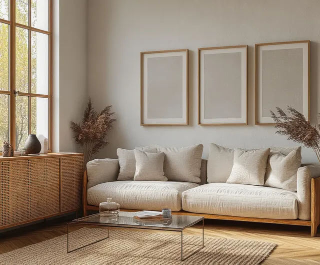 Cozy beige sofa in bright living room with large windows, glass coffee table, plants