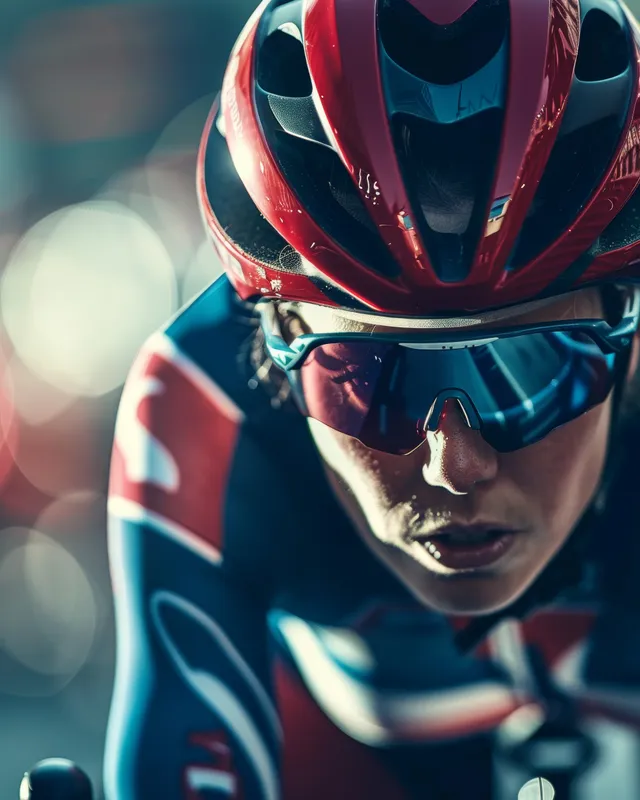 British female cyclist in racing helmet pedaling fast with blurred city lights