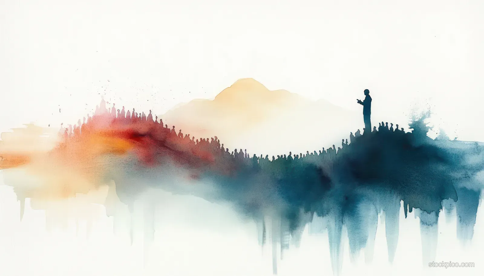 Silhouetted Jesus on a mountain ridge preaching to a distant crowd beneath watercolor mist and soft glow.