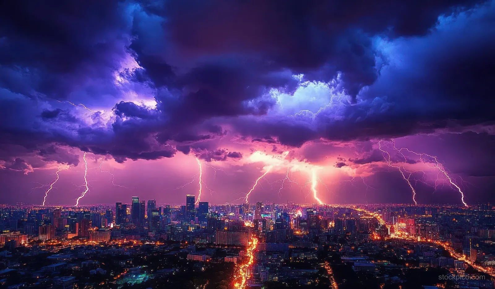 Purple and blue lightning bolts illuminate a city skyline through dark storm clouds at night.