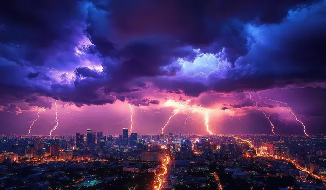 Lightning storm over city skyline, purple-blue clouds crack with bright electric bolts at night