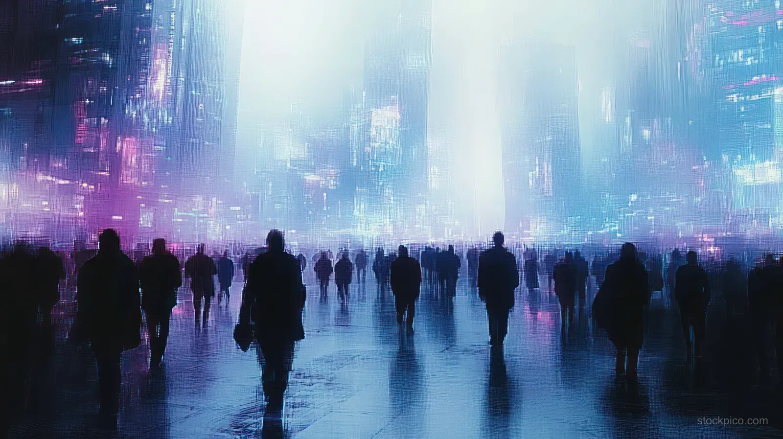 Silhouetted crowd stands and walks in a neon cyberpunk city with data particles dissolving from human outlines.