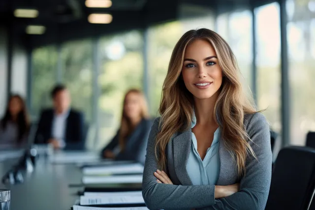 Confident businesswoman standing in boardroom with arms crossed and soft window light
