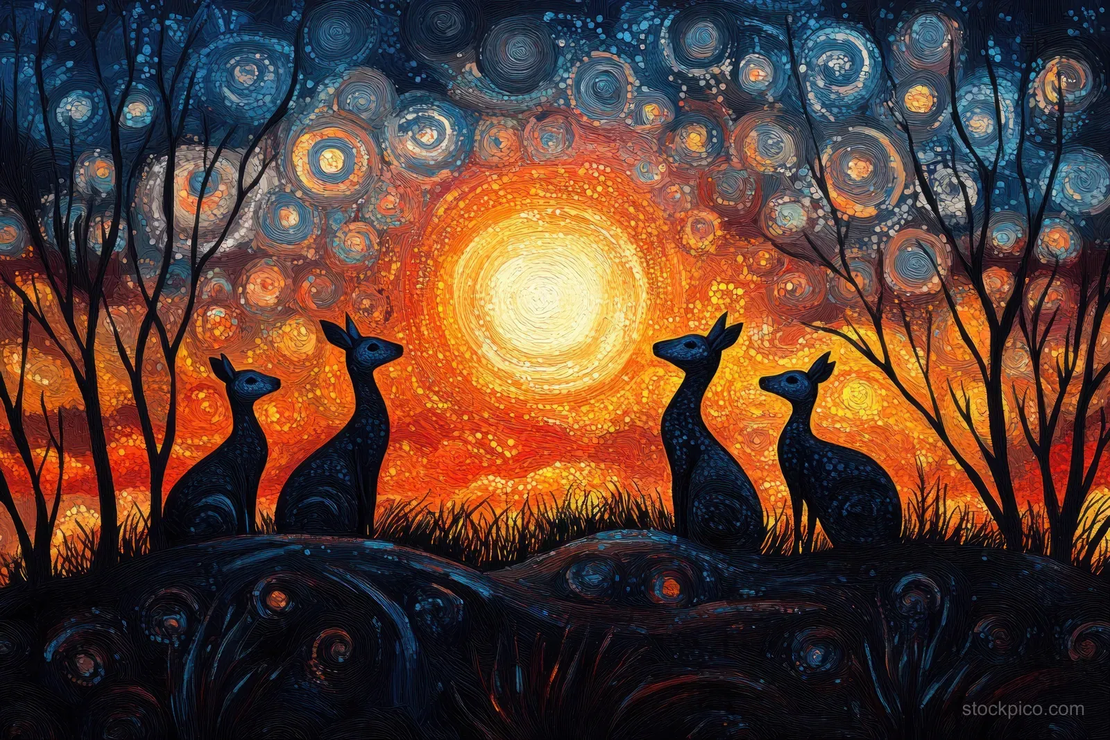 Kangaroos silhouette against an orange sun halo, surrounded by dot-art trees and patterned landscape at sunset.