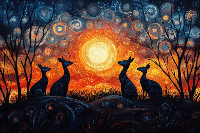 Kangaroos silhouette against an orange sun halo, surrounded by dot-art trees and patterned landscape at sunset.
