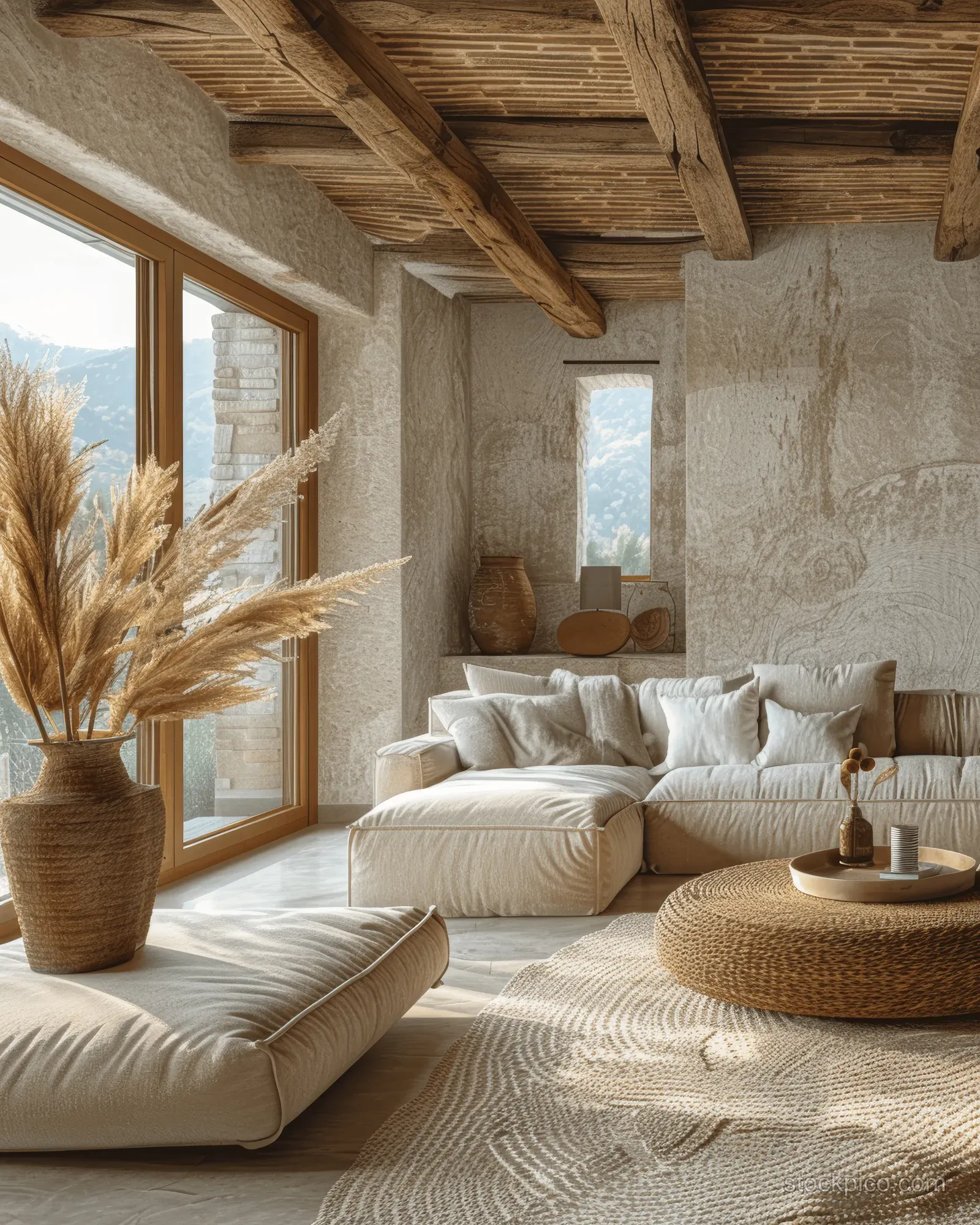 Sunlit minimalist living room with a beige sofa, woven pillows, round side table, pampas vase, and exposed wooden ceiling beams.