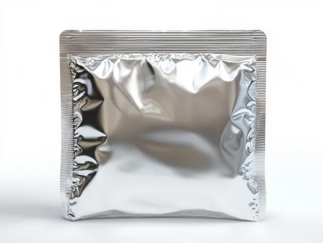 A shiny silver sealed pouch is isolated on a white background.
