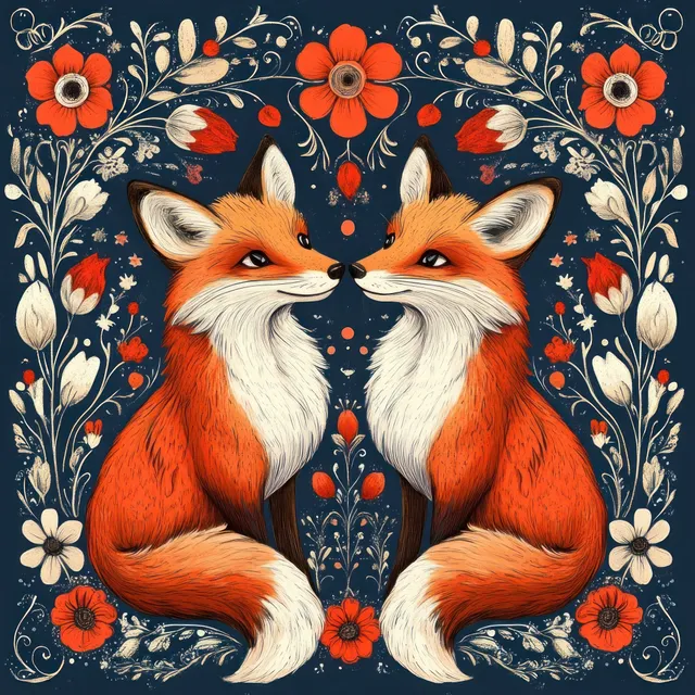 Two orange foxes sit facing each other within an ornate floral wreath on a dark symmetrical background.