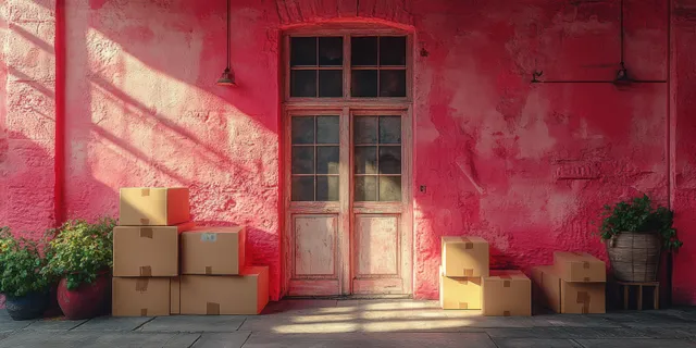 Cardboard moving boxes are stacked beside an open doorway in a bright pink room with natural light.