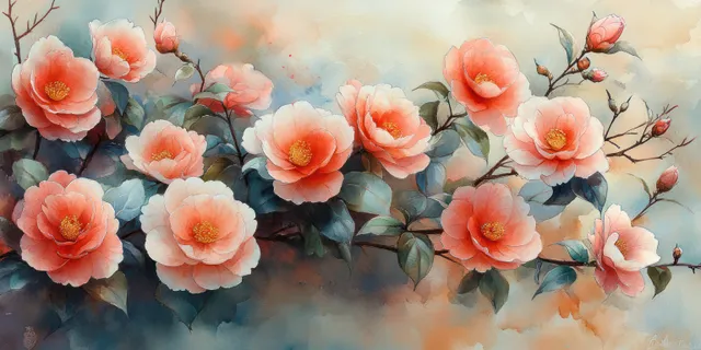 Watercolor camellia blooms in pink and white, framed by soft botanical leaves