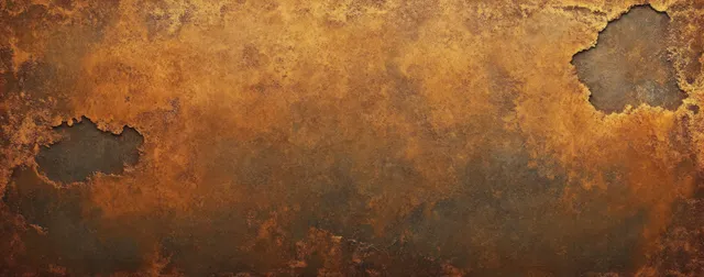 Close-up of heavily rusted metal with orange-brown corrosion and two large rust holes.