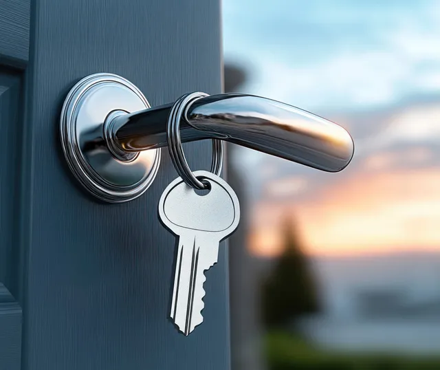 Chrome door handle and lock cylinder with keys attached, with a blurred building exterior in the background at dusk.