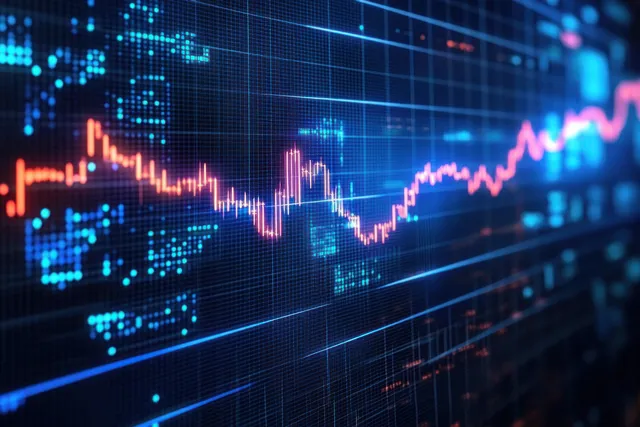Neon cyberpunk financial chart shows rising lines across a glowing data grid with blue and pink highlights.