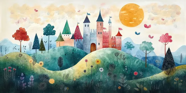 Whimsical watercolor castle atop rolling hills under a glowing moonlit sky