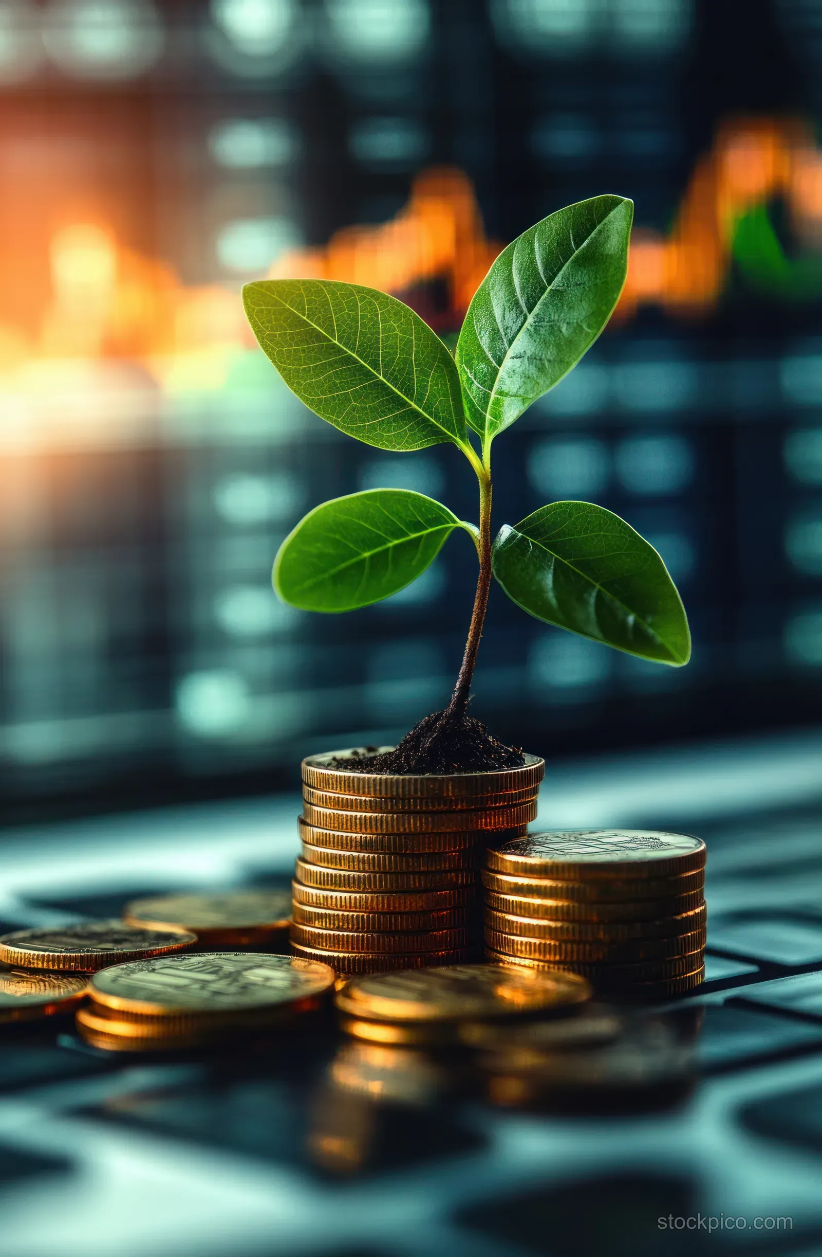 Green seedling sprouts from soil atop stacked gold coins beside a blurred financial chart background.
