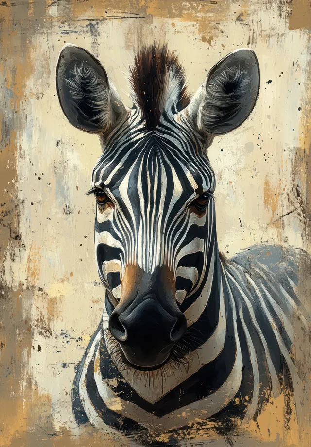 Watercolor zebra portrait facing camera with bold stripes and warm dusty background
