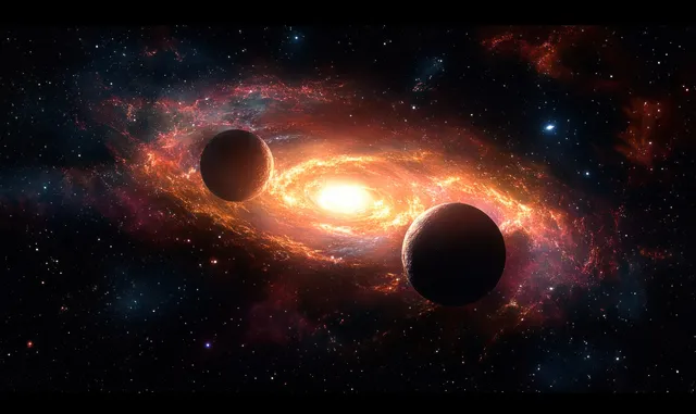 A glowing cosmic nebula with dark planets, a fiery light burst, and scattered stars in outer space.