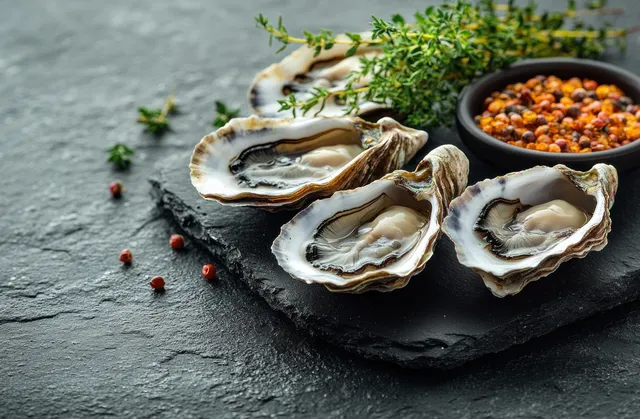 Fresh oysters on gray stone with thyme and pepper garnish