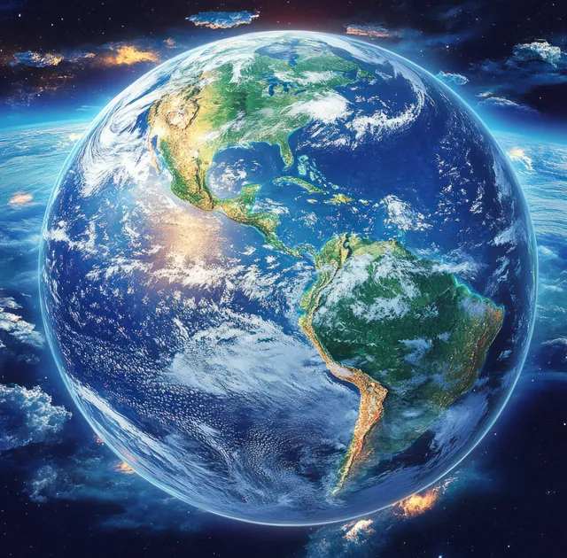 A 3D globe view highlights South America from space with vivid ocean blues and swirling clouds.