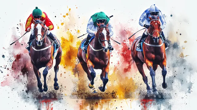 Three jockeys race toward the viewer on galloping horses with watercolor splatter around them.