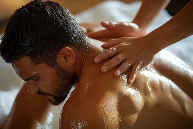 Therapist kneads a muscular man’s back during deep tissue massage in warm spa
