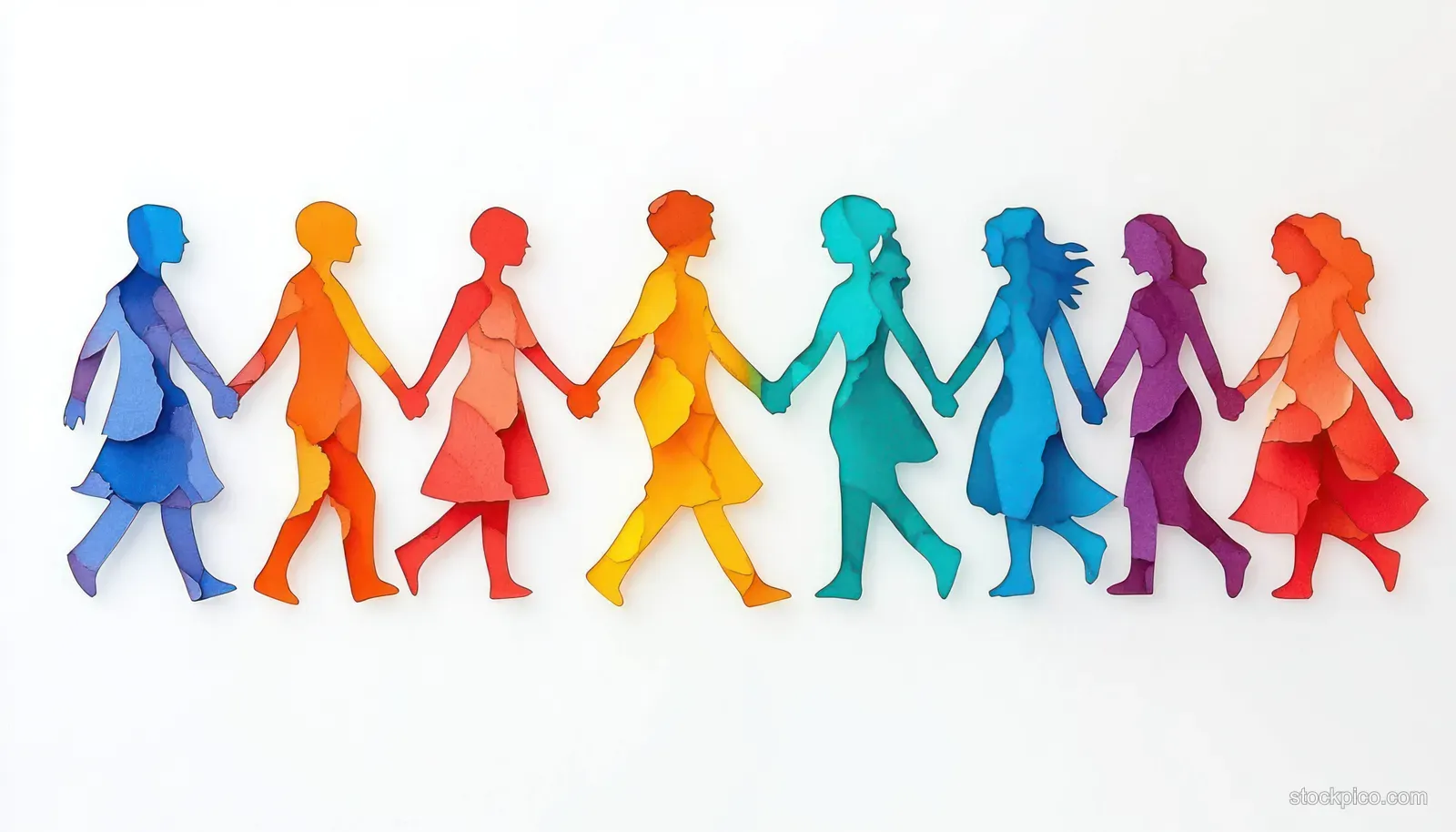 Colorful paper cutout silhouettes of diverse people holding hands in a line on a white background.