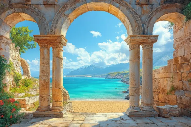 Ancient stone arches and columns frame turquoise ocean, sandy beach, greenery, and distant mountains under partly cloudy sky.