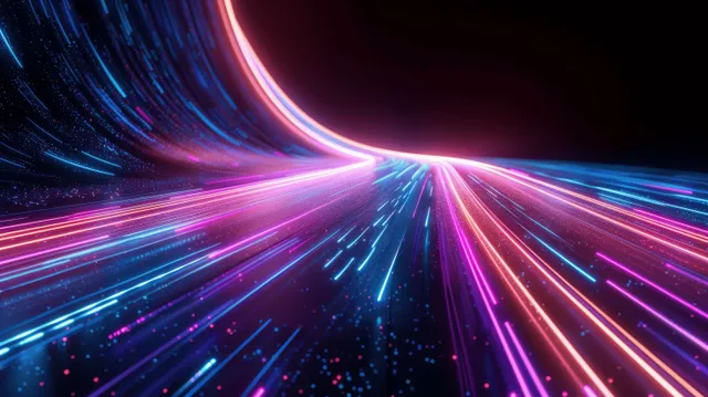 Neon pink and blue light streaks form a curving road perspective with a glowing vanishing point in dark space.