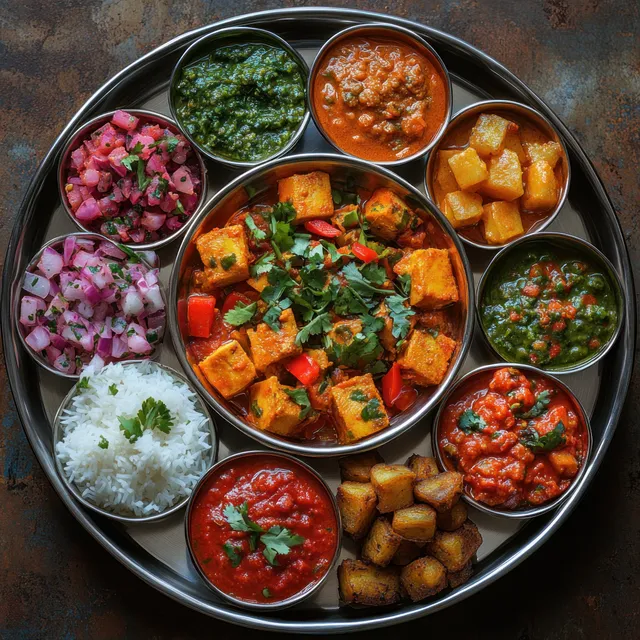 A vibrant Indian vegetarian thali on a steel plate, showcasing various curries, rice, and colorful garnishes.