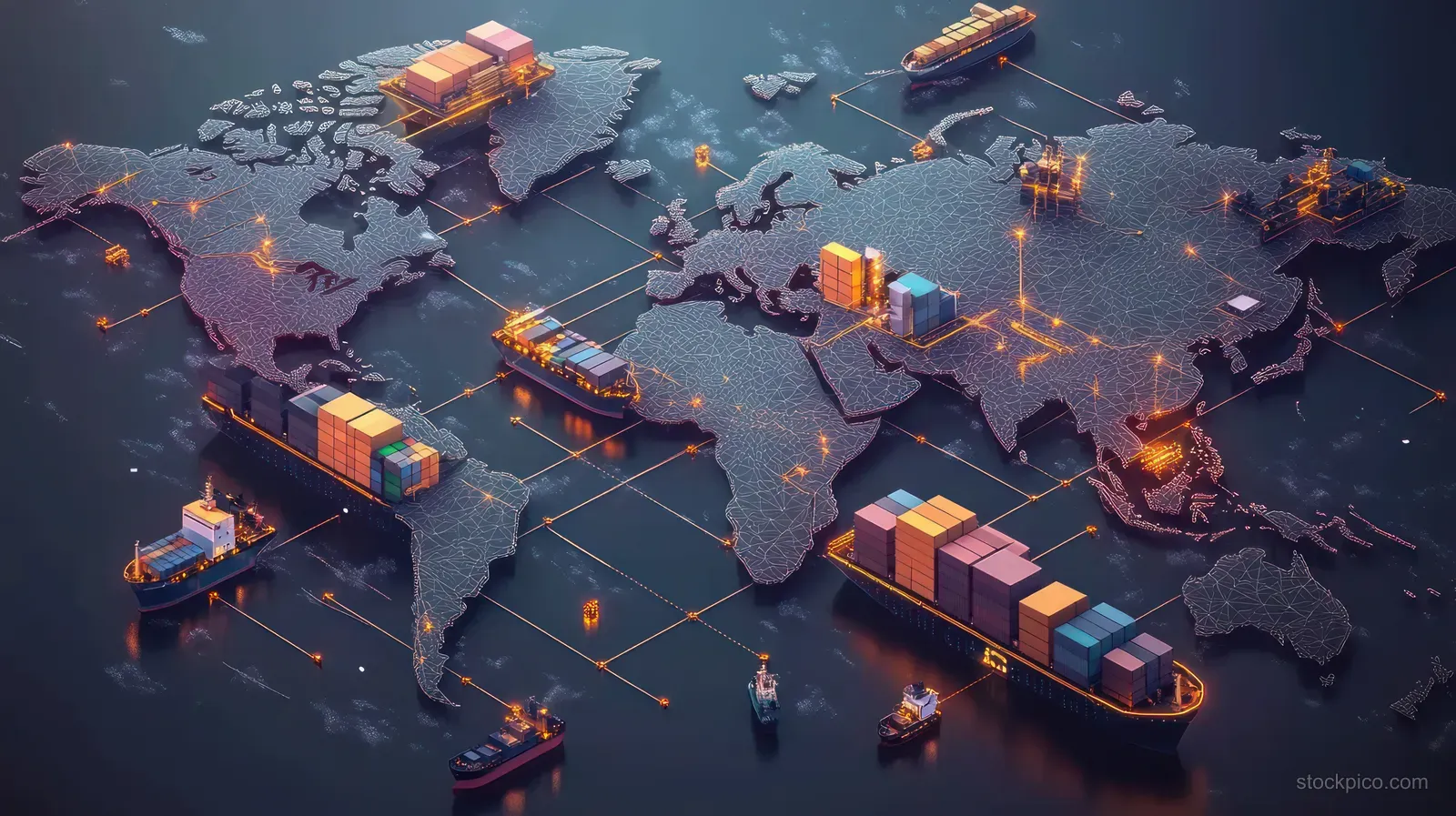 Container ships sail along glowing shipping lanes over a dark digital world map with illuminated ports.