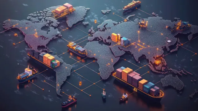 Container ships sail along glowing shipping lanes over a dark digital world map with illuminated ports.