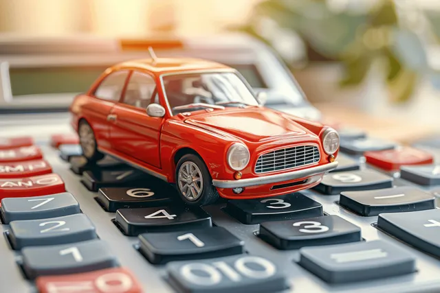 Red toy car sits on calculator keys, suggesting auto financing and loan calculations