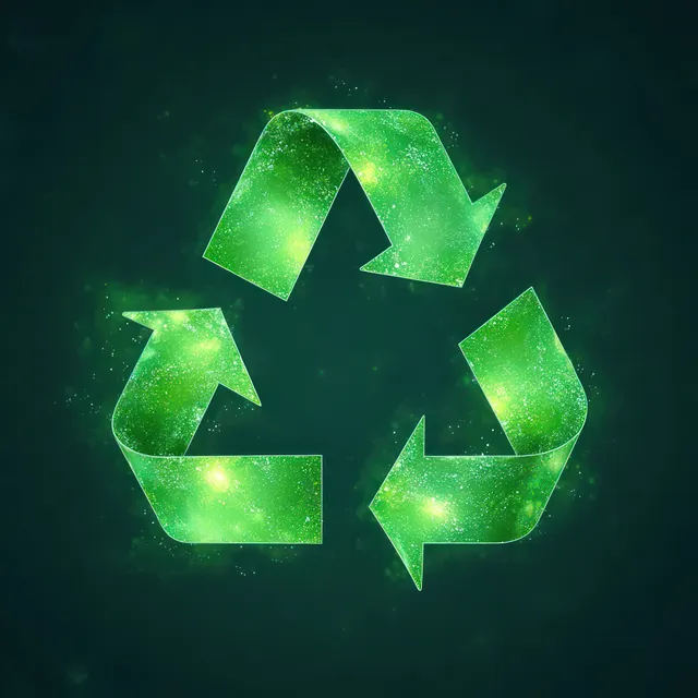 A glowing green recycling symbol made of textured light sits centered on a dark background.