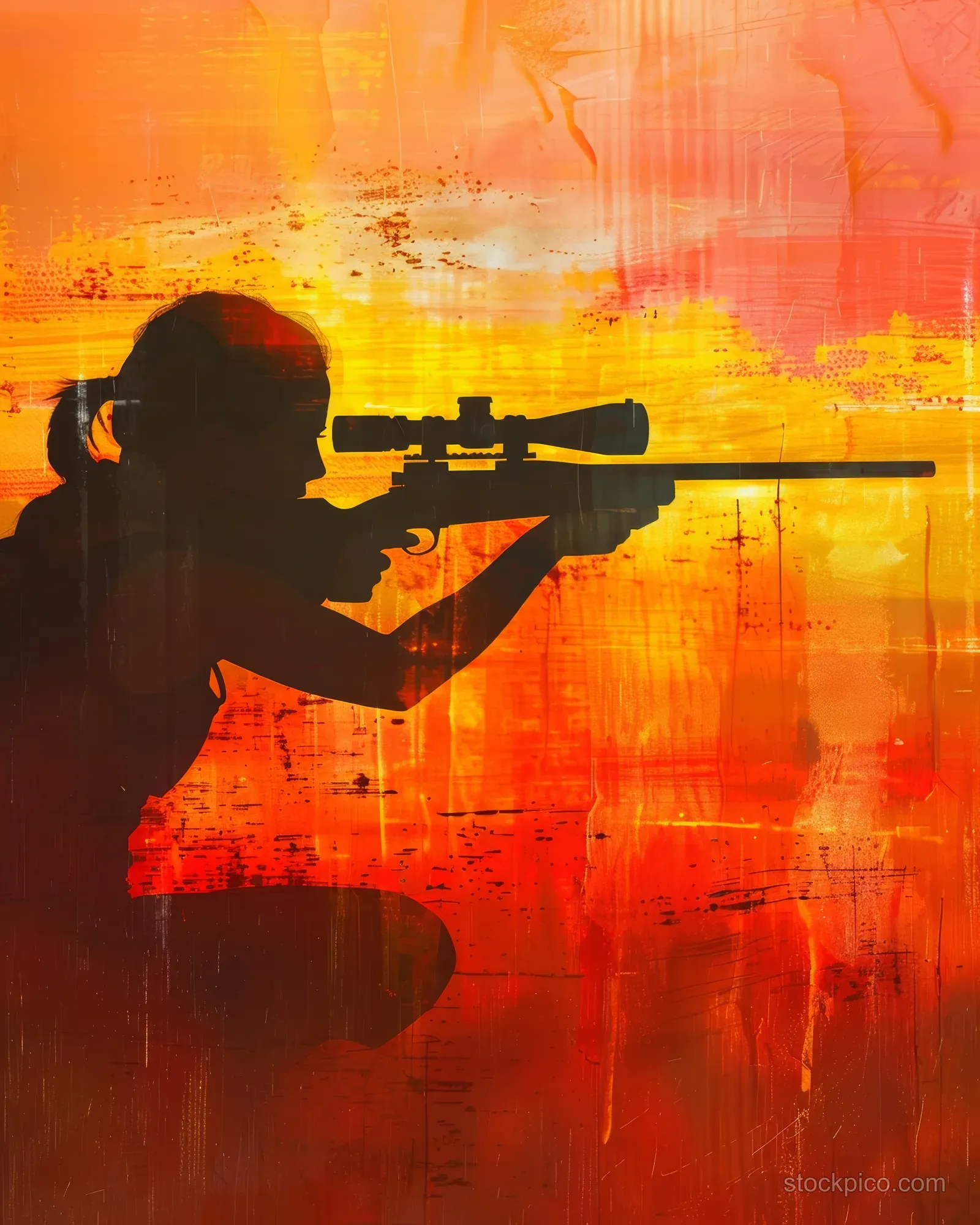 Silhouette of a female rifle shooter in three shooting positions against a vivid sunset background at a range.