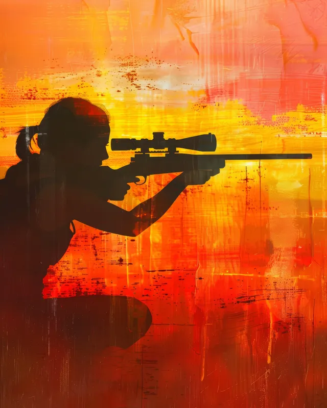Silhouette of a female rifle shooter in three shooting positions against a vivid sunset background at a range.