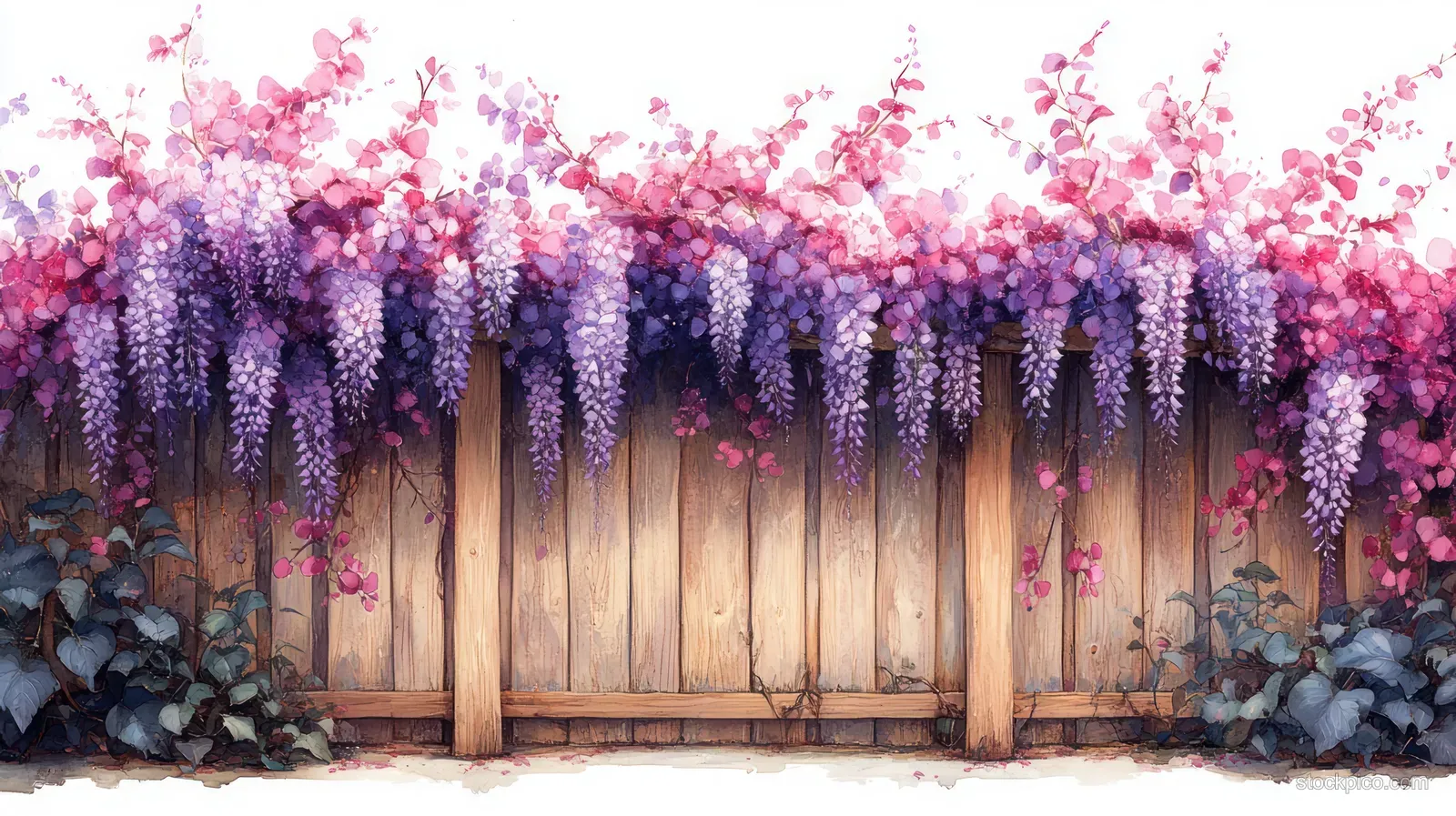 Purple wisteria flowers cascade over a wooden trellis fence with green foliage below.