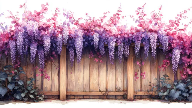 Purple wisteria flowers cascade over a wooden trellis fence with green foliage below.
