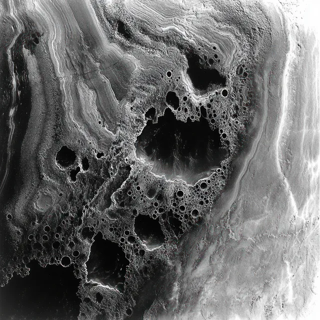 Monochrome macro of mineral fossil-like surface with circular cavities and layered striations
