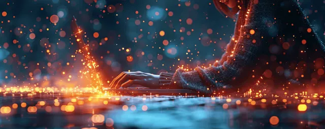 Glowing handshake over layered digital document pages with floating data points in a futuristic workspace.