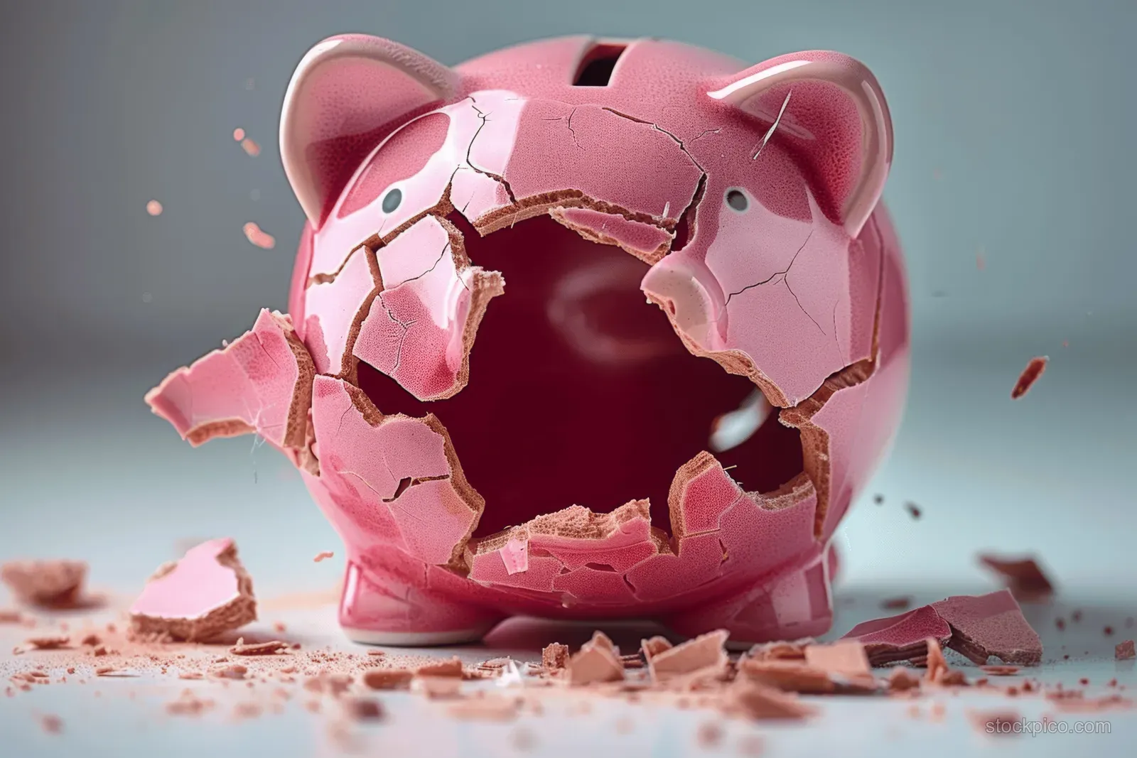 A broken pink piggy bank with fragments and coins scattered on a gray surface.