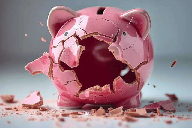 A broken pink piggy bank with fragments and coins scattered on a gray surface.