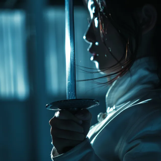 Sabre fencer in blue arena lighting, thrusting forward with focused blade reflections
