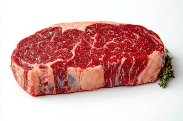 Thick marbled raw beef steak on a white surface with fresh green herbs beside it