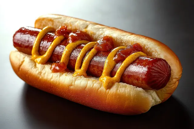 Hyper-real hot dog with mustard and ketchup in a soft bun on white background with Shallow Depth Of Field