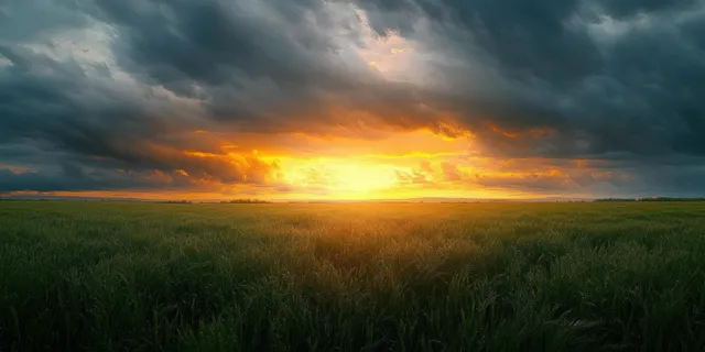 Vast green meadow under storm clouds, golden sunset rays illuminating the horizon