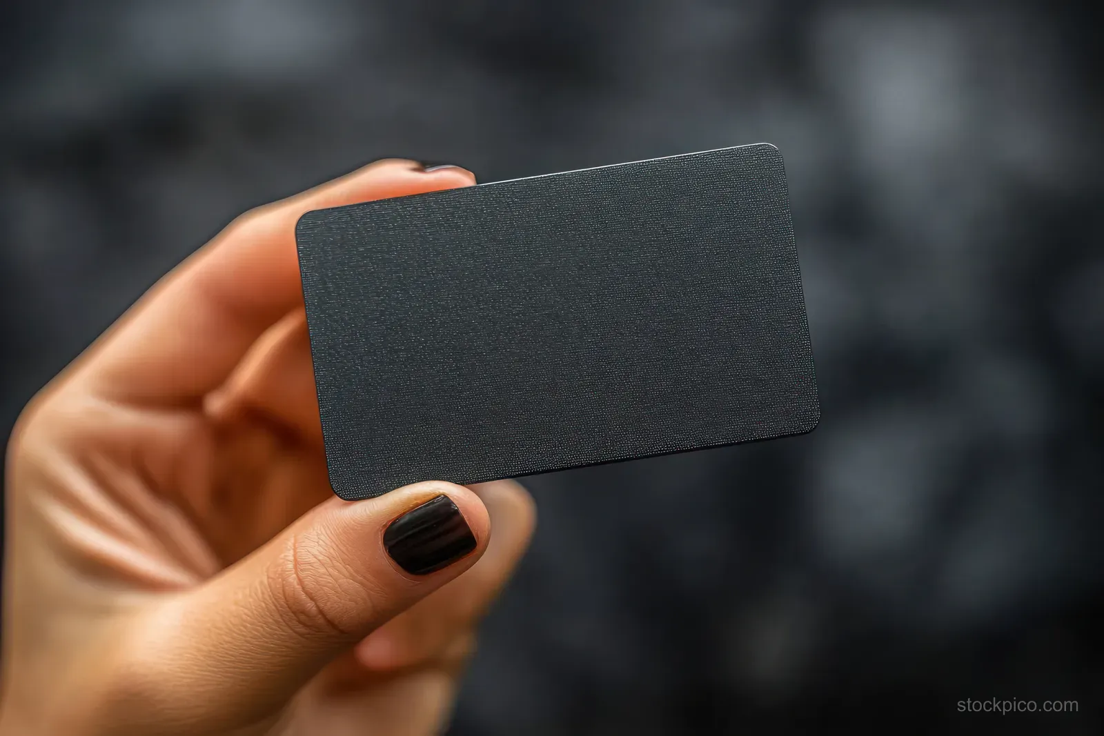 A hand with black nail polish holds a small blank black card against a blurred dark background.